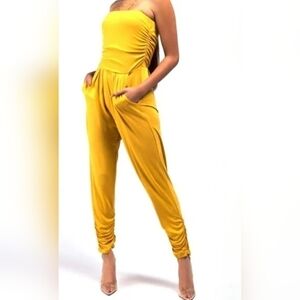 Yellow Strapless Jumpsuit Ruched Ankle Stretch Romper XS